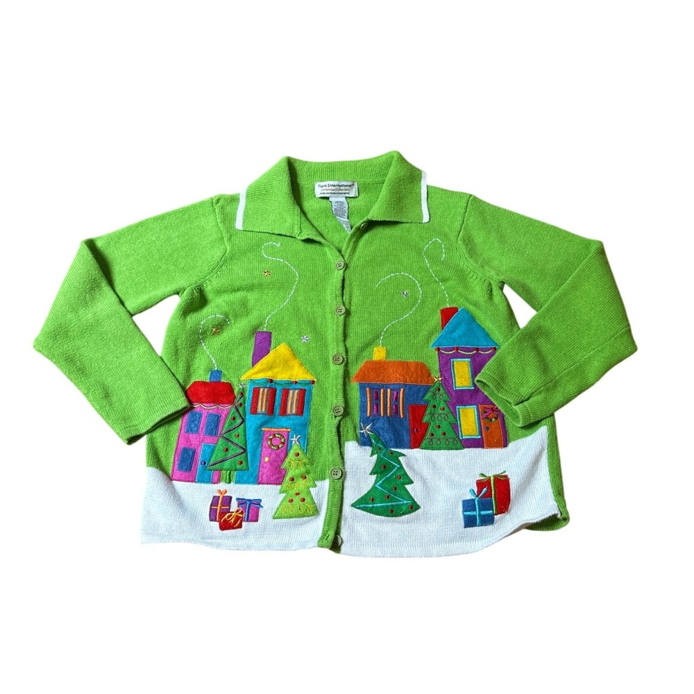 Tiara‎ International Cardigan Women Green Christmas Village Vintage SIZE Medium